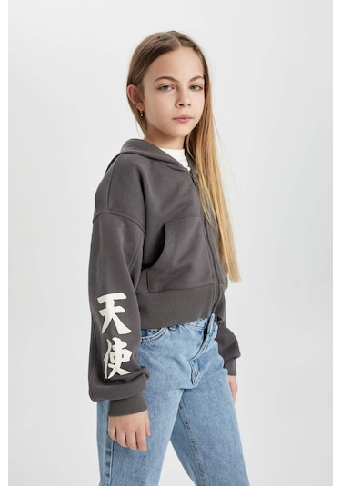 Defacto Kız Çocuk Kapüşonlu Fermuarlı Sweatshirt B9553A824SPGR311 Gri