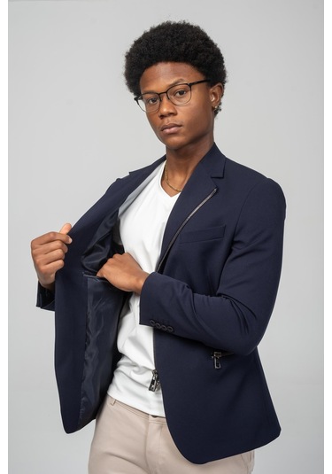 Cekmon Erkek Çift Yönlü Açılır Fermuarlı Rahat Ceket Lacivert