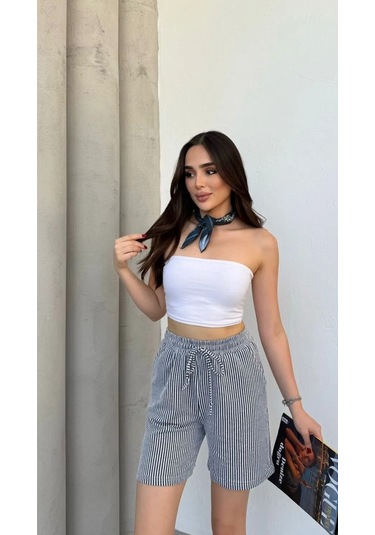 Yandan Cepli Beli Bağcıklı Su Yolu Kadın Çizgili Şort Siyah