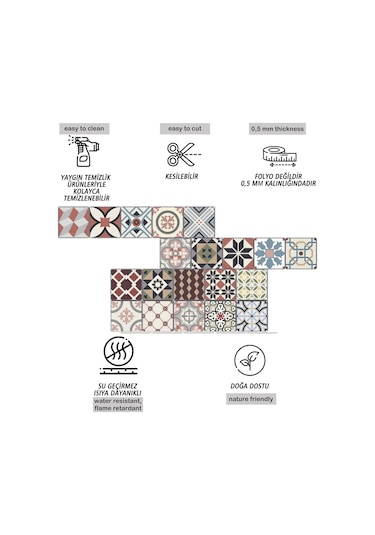 Tink Kendinden Yapışkanlı Patchwork Desenli Pvc Karo Kaplama 20x20 Cm 6'lı Paket