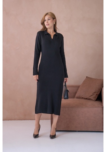 Kadın Polo Yaka Yamuşak Dokulu Maksi Boy Triko Elbise Siyah