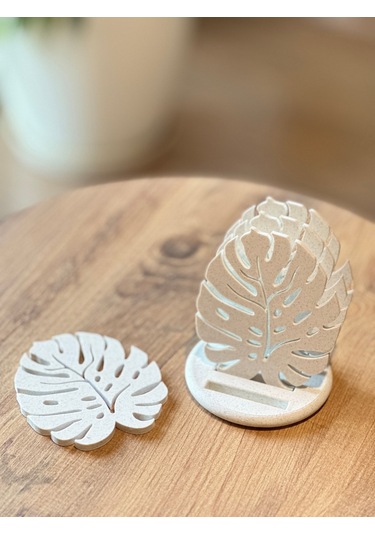 Monstera Modern Dekoratif Bardak Altlığı 4'lü Set Ve Standı - Mermer Beyazı Mermer