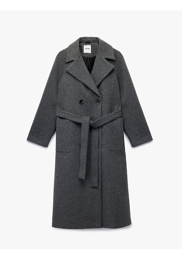 Koton Uzun Kollu Cepli Düğmeli Kruvaze Kemerli Uzun Kaşe Kaban Antrasit 6wak00270ew Antrasit