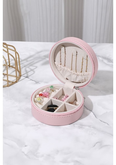 Chavin Pembe Deri Seyahat Yüzük Küpe Kolye Takı Kutusu St1-68pm Pembe