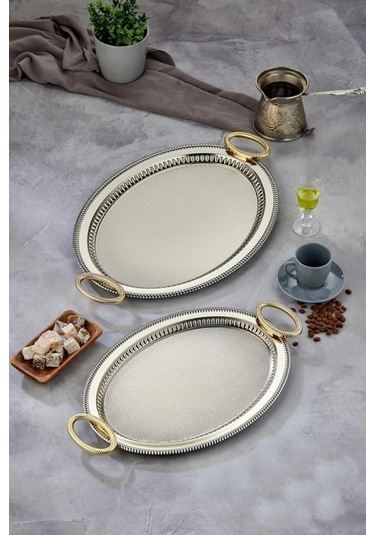 Cooker Ckr3907 Gold Kulplu Gümüş Oval Tepsi 2'li