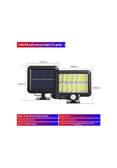 Mufunye Güneş Enerjili Dış Mekan Işığı: 120cob Bölünmüş Sensörlü 12 Bölüm , 3 Modlu, Su Geçirmez, Bahçe/garaj Işık Kaynağı