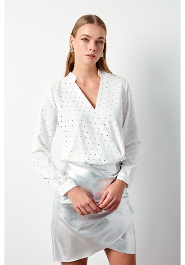 Sateen Parlak Puantiye Desenli Bluz - Ekru