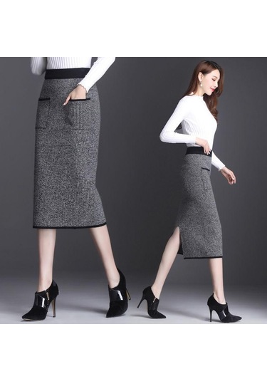 Sonbahar Kış Kadın Midi Örme Etek Kadın Etek Yüksek Bel Kalınlaşmak Cepler Ince Bir Adım Kalça Etek Kahverengi