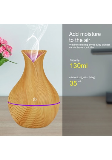 Dianziye Yx-060 Aromaterapi Usb Nemlendirici 130ml 35ml/saat 7 Renkli Led Işıklı Ahşap Desenli Ev Ofis Kullanıma Uygun