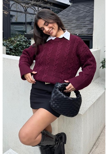 Madmext Bordo Bisiklet Yaka Örme Triko Kazak Mg2009 Bordo