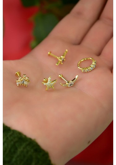 Çelik Sarı 5'li Kombinli Tragus Küpe Model18 Sarı