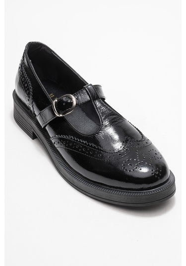 Janney Siyah Rugan Hakiki Deri Bantlı Kadın Loafer Ayakkabı SİYAH RUGAN