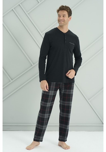 Erkek Interlok Penye Uzun Kol Pijama Takımı 2233 Siyah Siyah