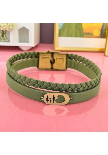 Archin Aile Temalı Zeytin Yeşili Derili Kalp Motifli 14 Ayar Altın Plakalı Hediye Bileklik-556sembol Aile