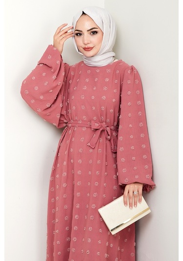 Kuşaklı Ponpon Detay Ayrobin Elbise 1538 - Gül Kurusu Gül Kurusu