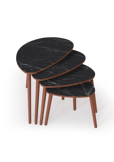 Nora 4lü Dörtlü Mdf Ahşap Zigon Sehpa - Siyah Mermer Desen