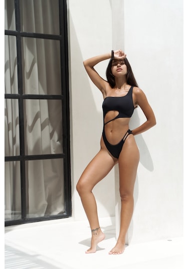 Donnalee Asimetrik Tek Omuz Siyah Mayokini Çok Renkli