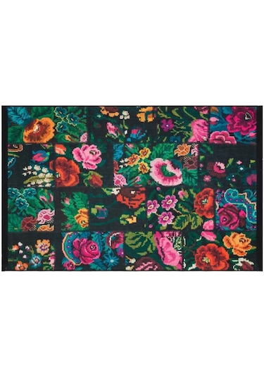 Çam Halı Gloria Td3251 Siyah Karabağ Patchwork Desen Dokuma Saçaklı Kilim