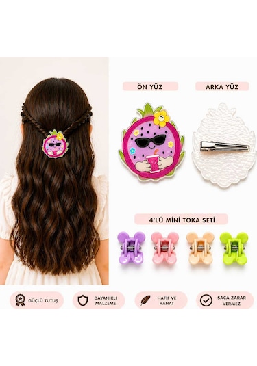 Sevimli Figürlü Büyük Saç Tokası + 4 Lü Mini Mandal Seti Pembe