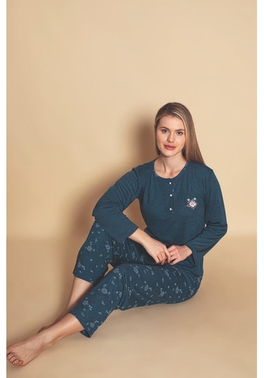 Yüksek Kalite Bambu İnterlok Kadın Pijama Takımı P5046 Petrol Mavisi