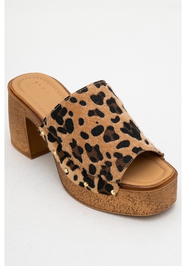 Pull Siyah Sarı Desenli Hakiki Deri Kadın Platform Topuklu Terlik Leopar