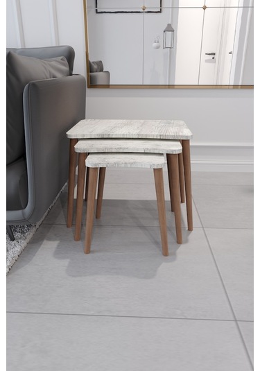 Zigon Sehpa & Yan Sehpa 3'Lü Ahşap Ayaklı Salon Seti- Kristal