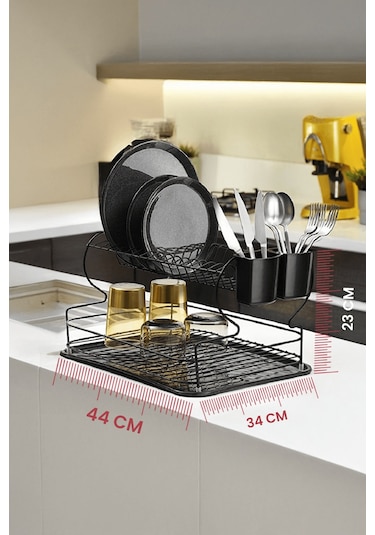 Siyah 2 Katlı Bulaşıklık – Dayanıklı Paslanmaz Metal Tabaklık, Termo Plastik Kaplama, Alt Tepsili - (TB-02 E)
