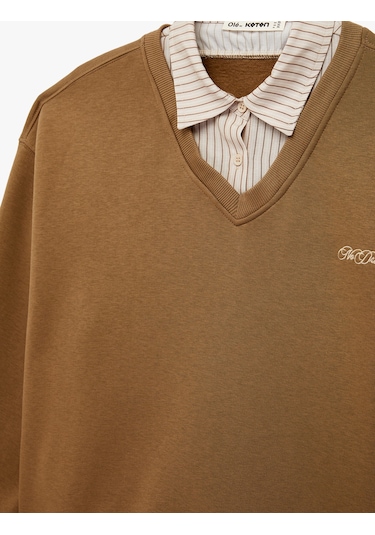 Koton Şardonlu Uzun Kollu Gömlek Yaka Rahat Kalıp Nakışlı Sweatshirt Vizon 6sal10558ık