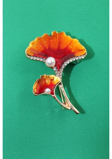 Ginkgo Yaprağı İncili Taşlı Broş. Yaka İğnesi Broş. Kadın Broş. Çiçek Broş. Ginkgo Broş. Gold Broş. Altın - Kırmızı