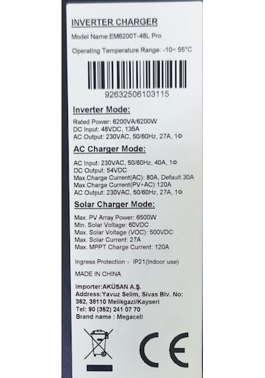 Megacell Em6200t-48l Pro- 6.2kw 48v Mppt 120a