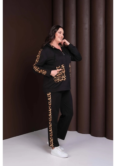 Kapüşonlu Leopar Desenli Alt-üst Takım Siyah