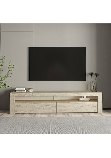 Batı LED Işıklı 2 Kapaklı TV Sehpası – 150 cm – Minimal Tasarım, Traverten