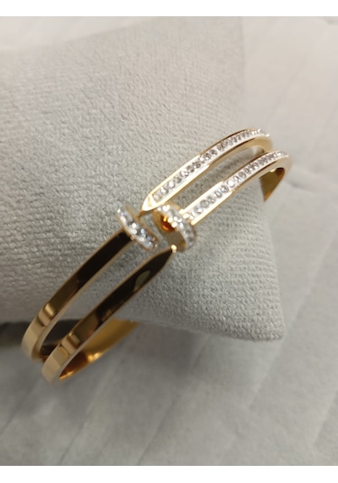 Zirkon Taşlı Çivi Model Gold Renk Kelepçe Bileklik Gold
