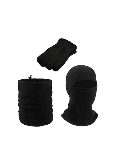 Parmaksız Kesik Polar Eldiven - İpli Boyunluk - Kar Maskesi Siyah