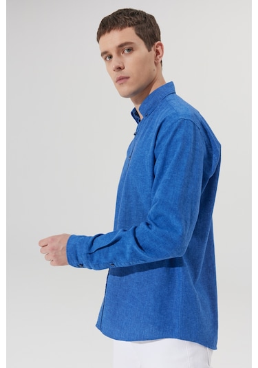 AC&Co / Altınyıldız Classics Erkek Lacı Comfort Fit Rahat Kesim Düğmeli Yaka Keten Gömlek Lacı Lacivert