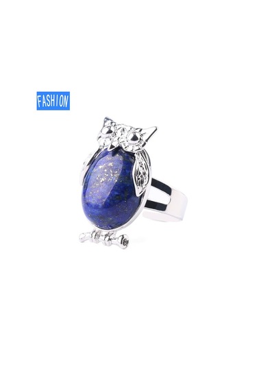 Siyah Akik Metal Baykuş Dışbükey Doğal Kristal Kakma Ayarlanabilir Yüzük Çok Renkli