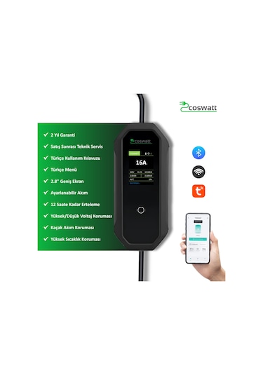 Coswatt Elektrikli Araç Taşınabilir Şarj Cihazı 11 kW-16A-Tip2 Soket-Türkçe Menü-5M-5x16A Fiş-380V AC