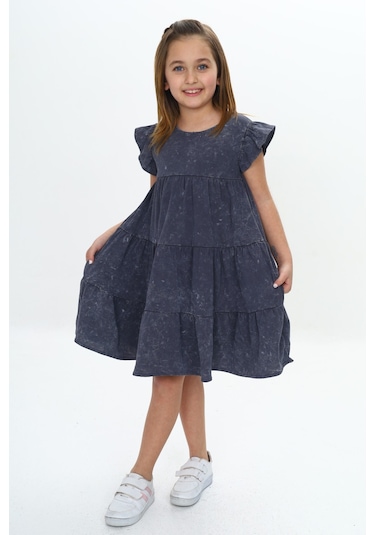 Toontoy Kız Çocuk Yıkamalı Elbise Füme
