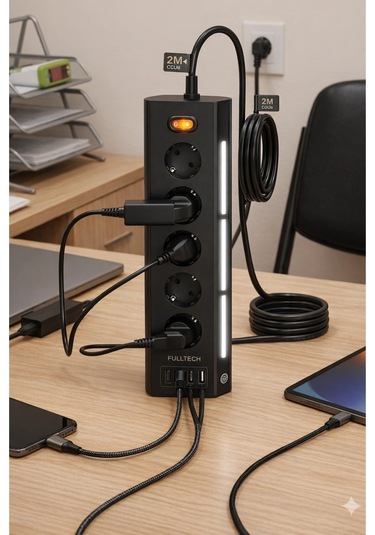 Fulltech Ftr-26 5li Akım Korumalı Priz 2 Usb-a, 2 Usb-c, 3 Kademeli Gece Lambası, 2 Metre Kablo - 36 0.2 M