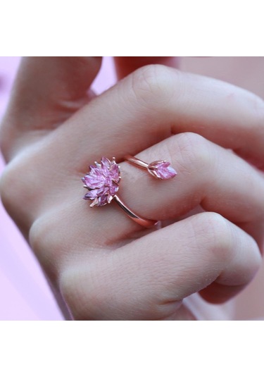 Pembe Kuvars Taşlı Lotus Çiçcekli Gümüş Set Gümüş