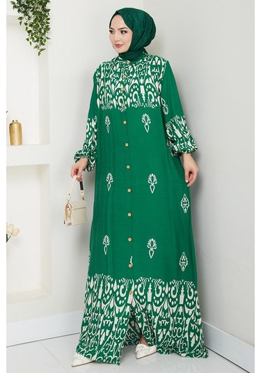 Çilay Düğmeli Dokuma Viskon Elbise 1561 - Yeşil Yeşil