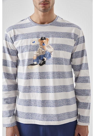 Erkek Pamuklu Uzun Kollu Üst Ayıcık Baskılı Pijama Takımı Ke77620 Lacivert