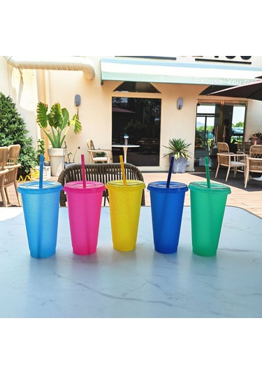 Sones Büyük Yaz Parıltılı Su Bardağı Plastik Buzlu Soğuk İçecek Şişesi Pipetli