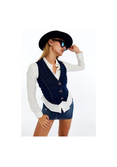 Kadın Denim Yelek Şık Düğmeli Jean Yelek, Günlük Ve Casual Kombin Koyu Mavi