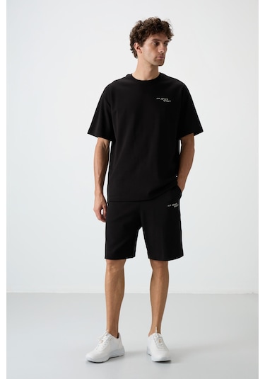 Siyah Pamuklu Kalın Yumuşak Dokulu Oversize Fit Nakışlı Erkek Şort Takım - 85250