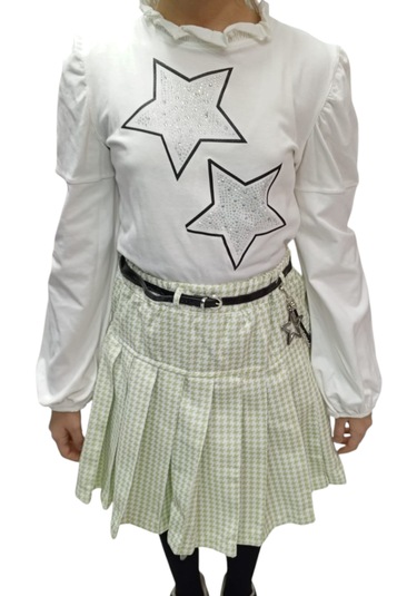 Kız Çocuk Deri Detaylı Yeşil Renk Üçlü Etekli Takım Yeşil