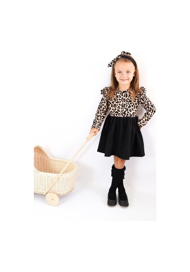 Kız Çocuk Leopar Desenli Uzun Kollu Fırfırlı Elbise Bandana Takım Elb-0059 Siyah