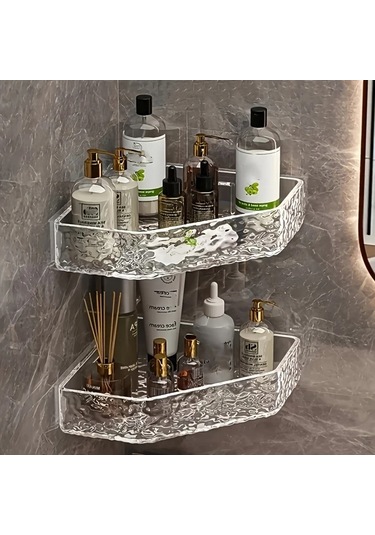 Xuweiwei 1 Adet Plastik Duvara Monte Transparan Banyo Köşe Rafı, Altın Boru Yok Şeffaf