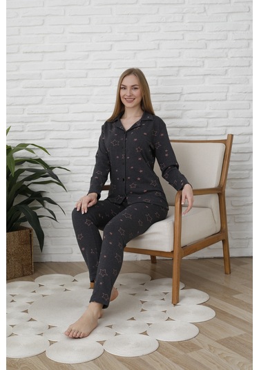 Fames Pijama Uzunkol Düğmeli Penye Pijama Takimi Kalpli Pudra