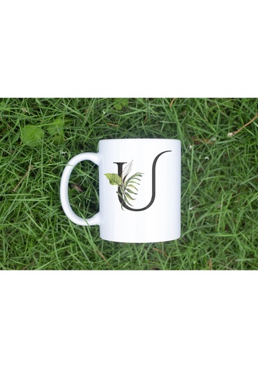 U Harf Zarif Yaprak Desenli Kupa Bardak - Naturel Sade Alfabe Harfli Bardak - Kişiye Özel Hediye Beyaz